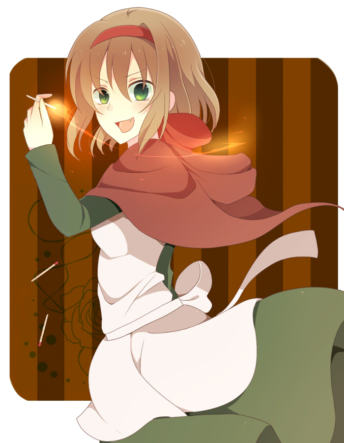 axis_powers_hetalia, belgium_(hetalia), blonde_hair, dress, fang, fire, green_eyes, hair_ribbon