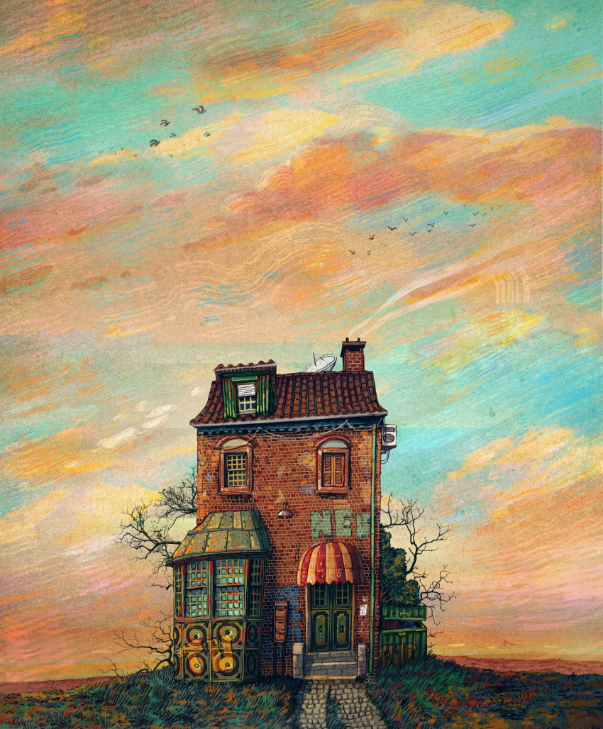 bird, building, chimney, door, francisco_fonseca, highres, house, mailbox_(incoming_mail)