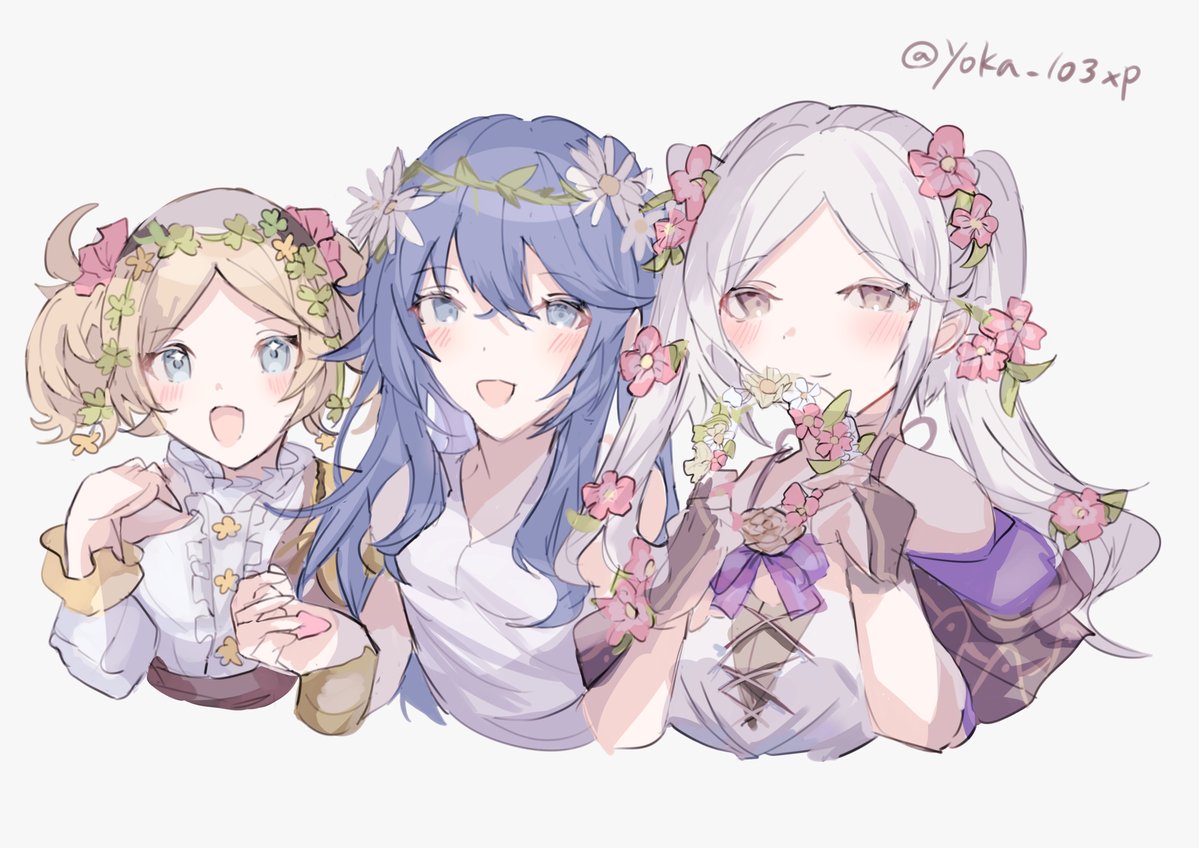 3girls, :d, artist_name, blonde_hair, blue_eyes, blue_hair, commentary_request, fire_emblem
