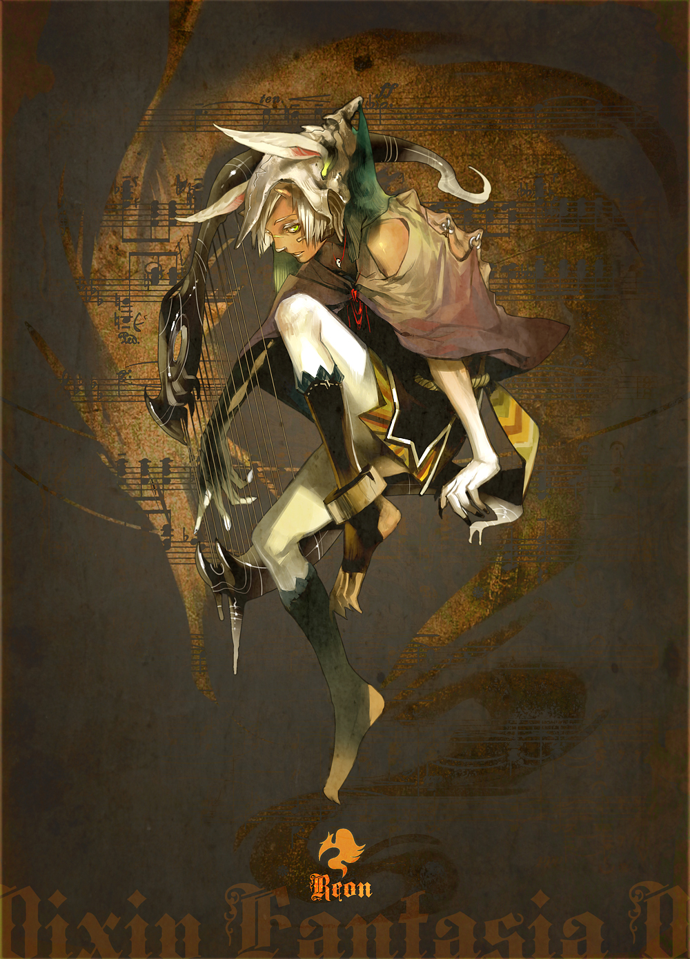 green_eyes, highres, instrument, pixiv_fantasia, pixiv_fantasia_5, sanbonzakura, sheet_music, sitting