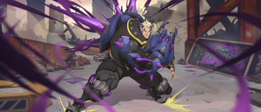 1boy, antenna_hair, armor, black_nails, broken_pillar, cowboy_shot, crazy_smile, cyborg