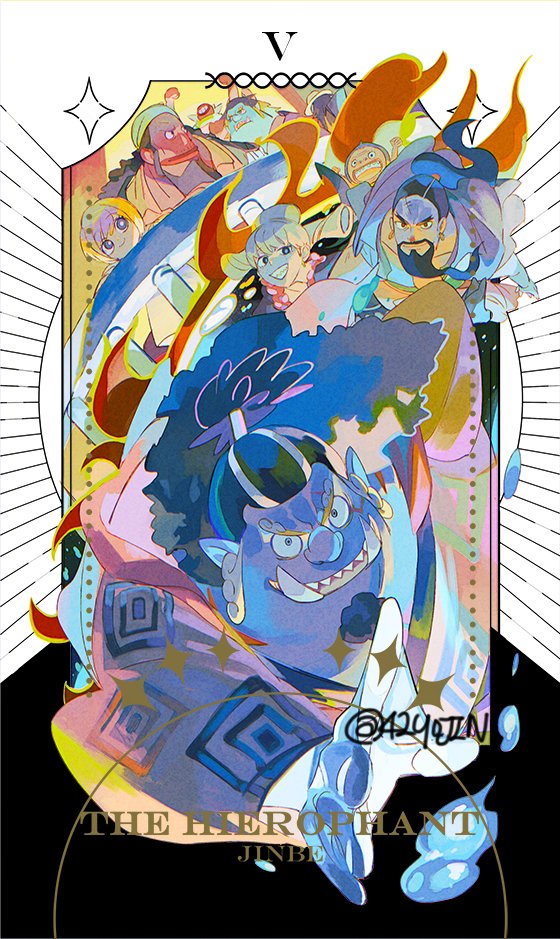 2girls, 5boys, aged_down, aladdin_(one_piece), bandana, beard, blue_skin, character_name