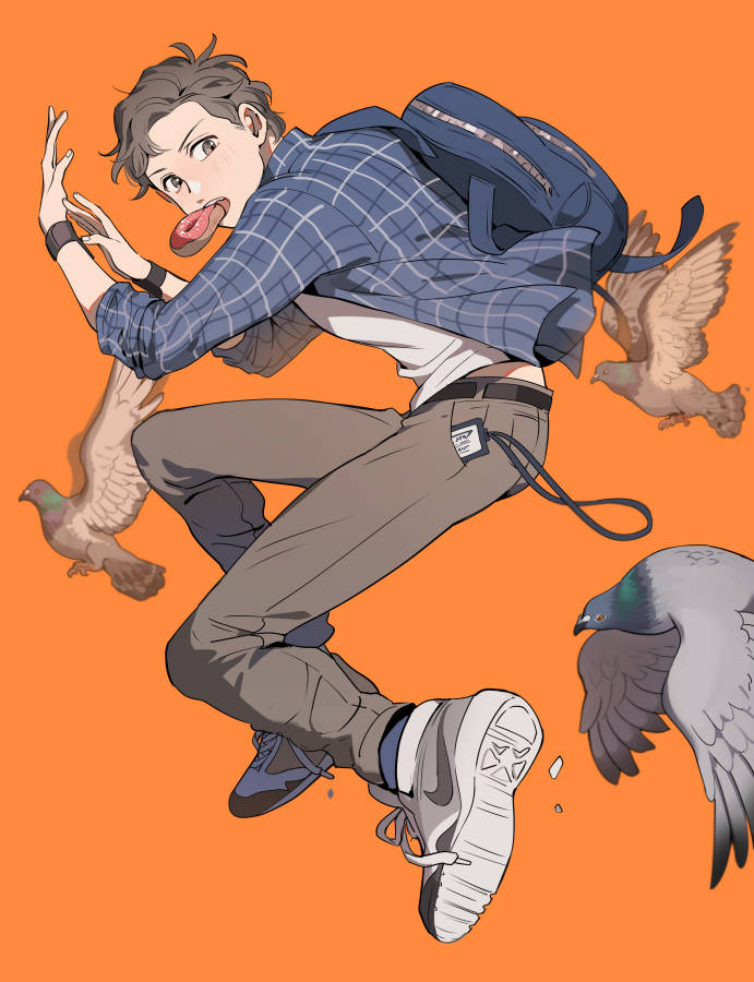 1boy, animal, armband, backpack, bag, belt, bird, black_armband