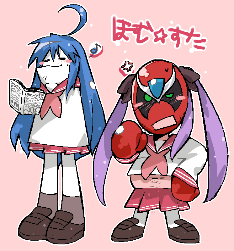 =_=, ahoge, anger_vein, blue_hair, blush_stickers, book, brown_shoes, brown_socks, facial_hair, floating, floating_object, gloves, green_eyes, hiiragi_kagami, homestar_runner, homestar_runner_(character), izumi_konata, loafers, long_hair, long_sleeves, luchador_mask, lucky_star, mole, mole_under_eye, musical_note, neckerchief, negiwave2000, open_mouth, parody, pink_background, pink_neckerchief, pleated_skirt, purple_hair, red_gloves, red_mask, red_sailor_collar, ryouou_school_uniform, sailor_collar, school_uniform, shirt, shoes, skirt, socks, spoken_musical_note, strong_bad, twintails, white_shirt