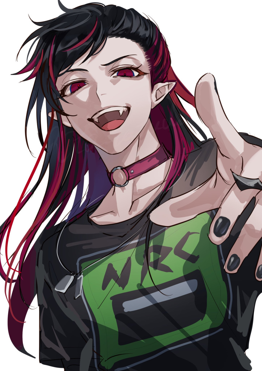 1boy, black_hair, black_nails, black_shirt, choker, fangs, highres, index_finger_raised