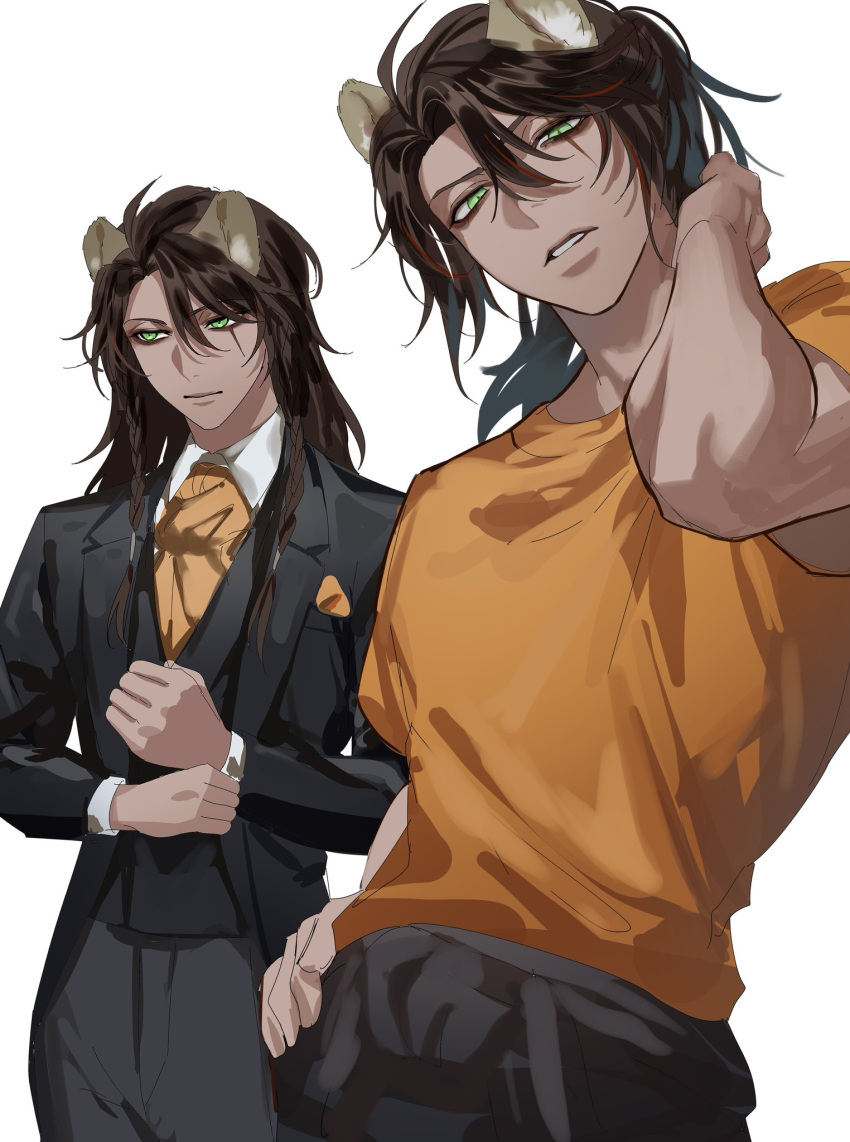 1boy, animal_ears, black_pants, black_suit, braid, brown_hair, dark_skin, green_eyes