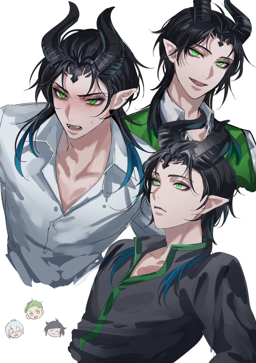 1boy, black_hair, black_horns, black_shirt, dragon_horns, fangs, green_eyes, green_vest