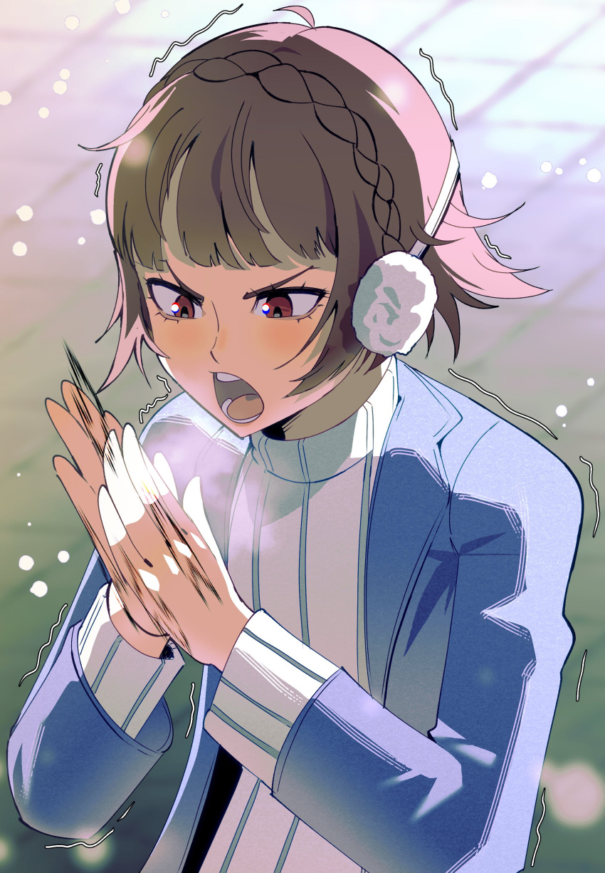 1girl, absurdres, blue_coat, braid, brown_hair, coat, cold, crown_braid