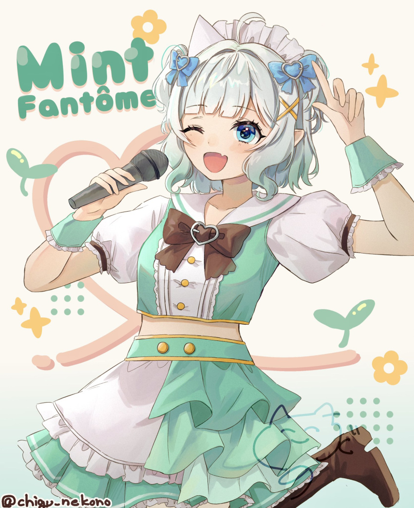 1girl, alternate_costume, blue_bow, blue_eyes, bow, fang, frilled_skirt, frills