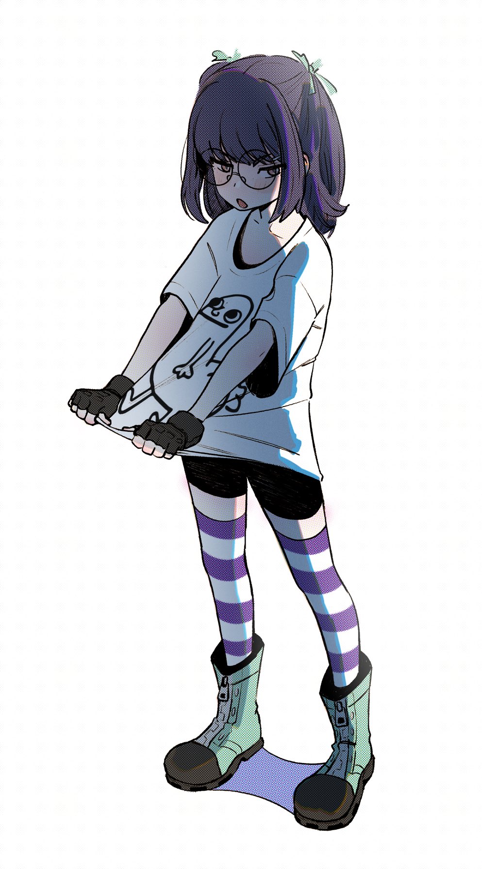 1girl, bike_shorts, black_gloves, black_shorts, blush, boots, dickbutt, fingerless_gloves