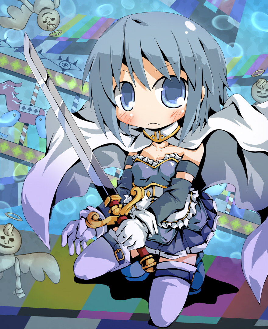 armor, bad_id, blue_eyes, blue_hair, blush, cape, caraduki, carazuki