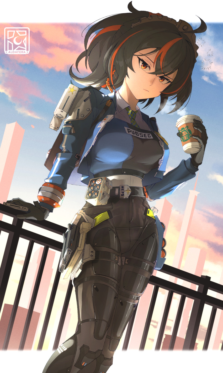 1girl, absurdres, aldafera_art, arm_support, black_gloves, black_hair, blue_jacket, blue_sky