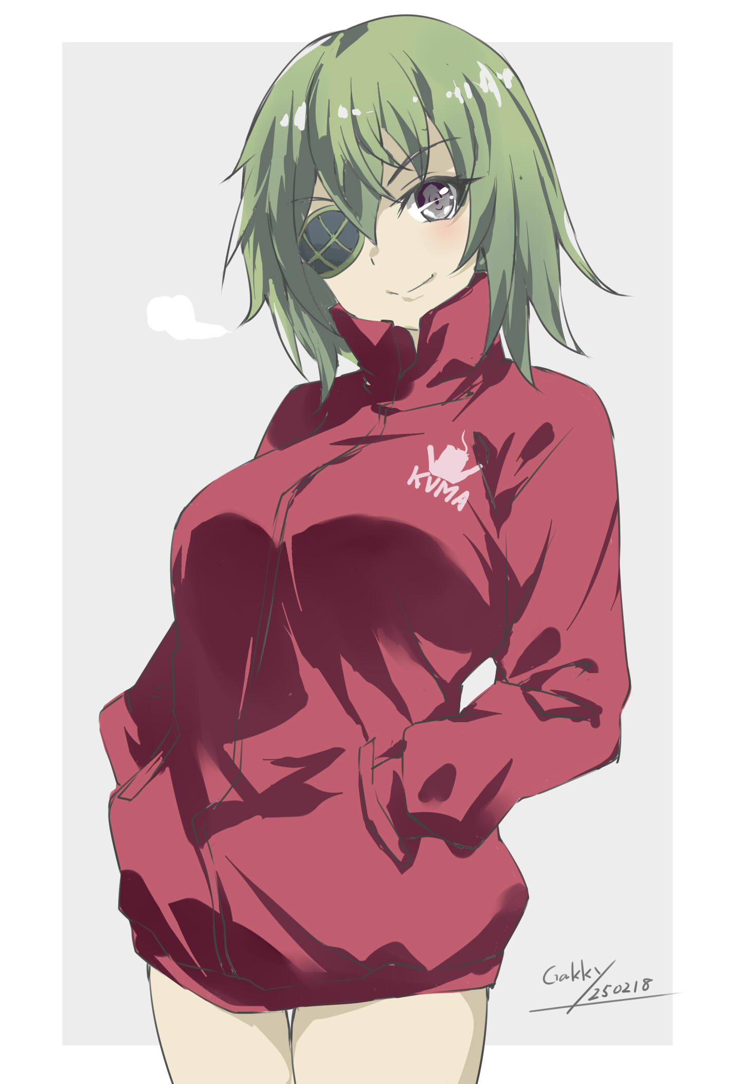 1girl, border, clothes_writing, cowboy_shot, eyepatch, gakky, green_hair, grey_background