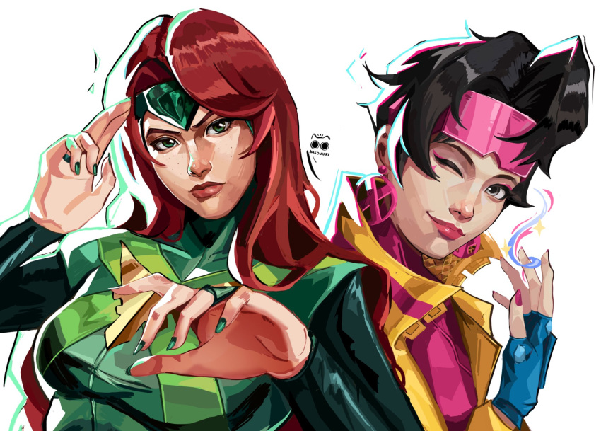 2girls, black_hair, bodysuit, coat, earrings, eyewear_on_head, gloves, highres