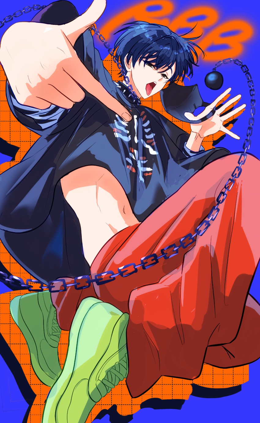 1boy, ball_and_chain_restraint, black_eyes, black_shirt, blue_background, blue_hair, charisma_house, collar