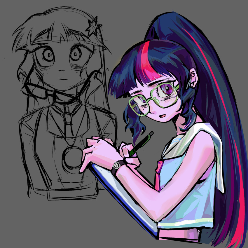 1girl, absurdres, bags_under_eyes, bare_arms, bare_shoulders, blue_shirt, bright_pupils, clipboard