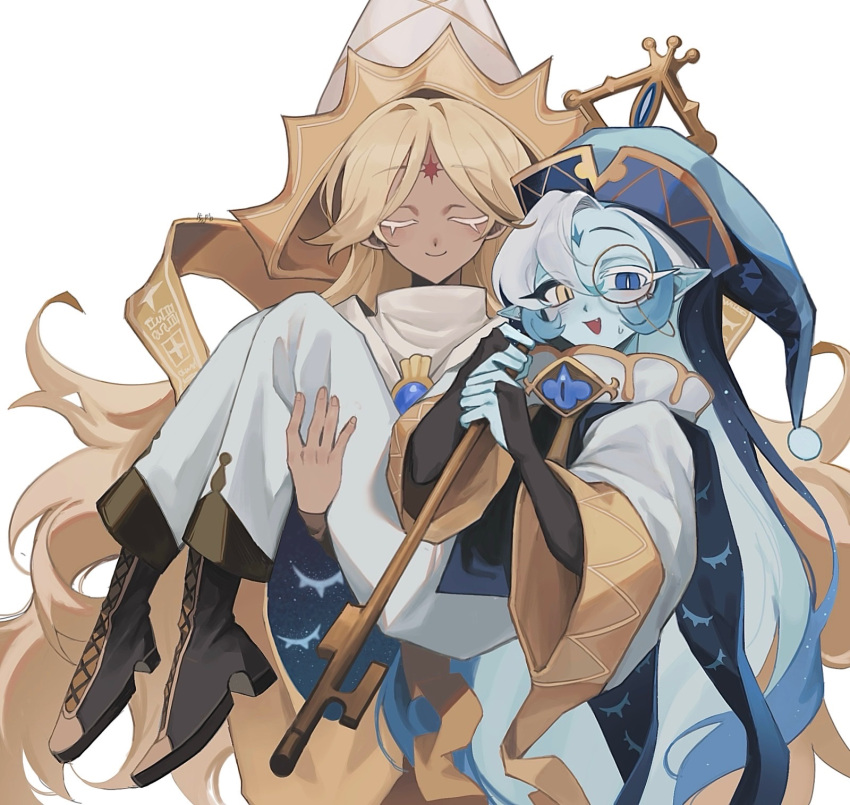 2boys, black_boots, blonde_hair, blue_hat, blue_skin, boots, carrying, closed_eyes