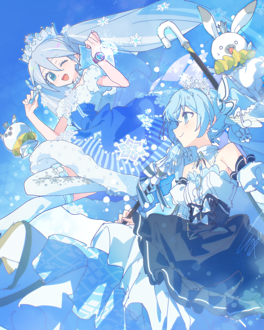 2girls, absurdres, arms_up, blue_dress, blue_eyes, blue_hair, brooch, cane