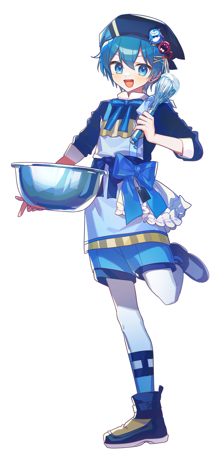 1boy, absurdres, amptakxcolors, apron, blue_apron, blue_bow, blue_eyes, blue_hair, blue_shirt, blue_shoes, blue_shorts, bow, bowl, highres, holding, holding_bowl, holding_whisk, krlouvf, long_sleeves, open_mouth, shirt, shoes, short_hair, shorts, simple_background, smile, solo, standing, standing_on_one_leg, tigusan520, whisk, white_background