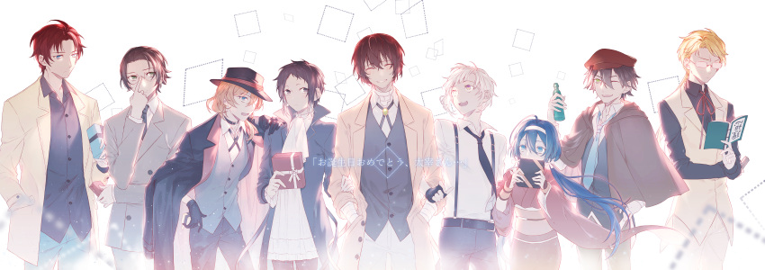 1girl, 6+boys, absurdres, adjusting_eyewear, ahoge, akutagawa_ryuunosuke_(bungou_stray_dogs), ascot, bandaged_arm