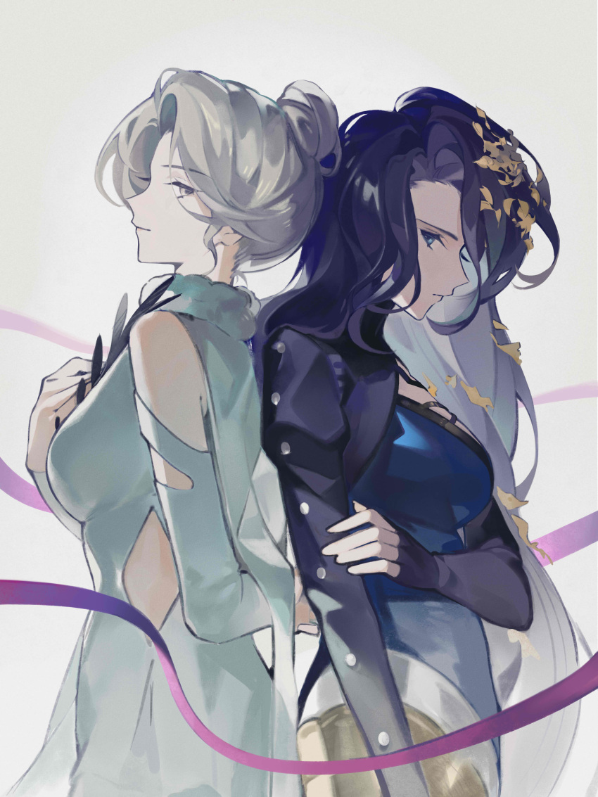 2girls, absurdres, arm_behind_back, athletic_leotard, back-to-back, bare_shoulders, black_hair, blue_eyes