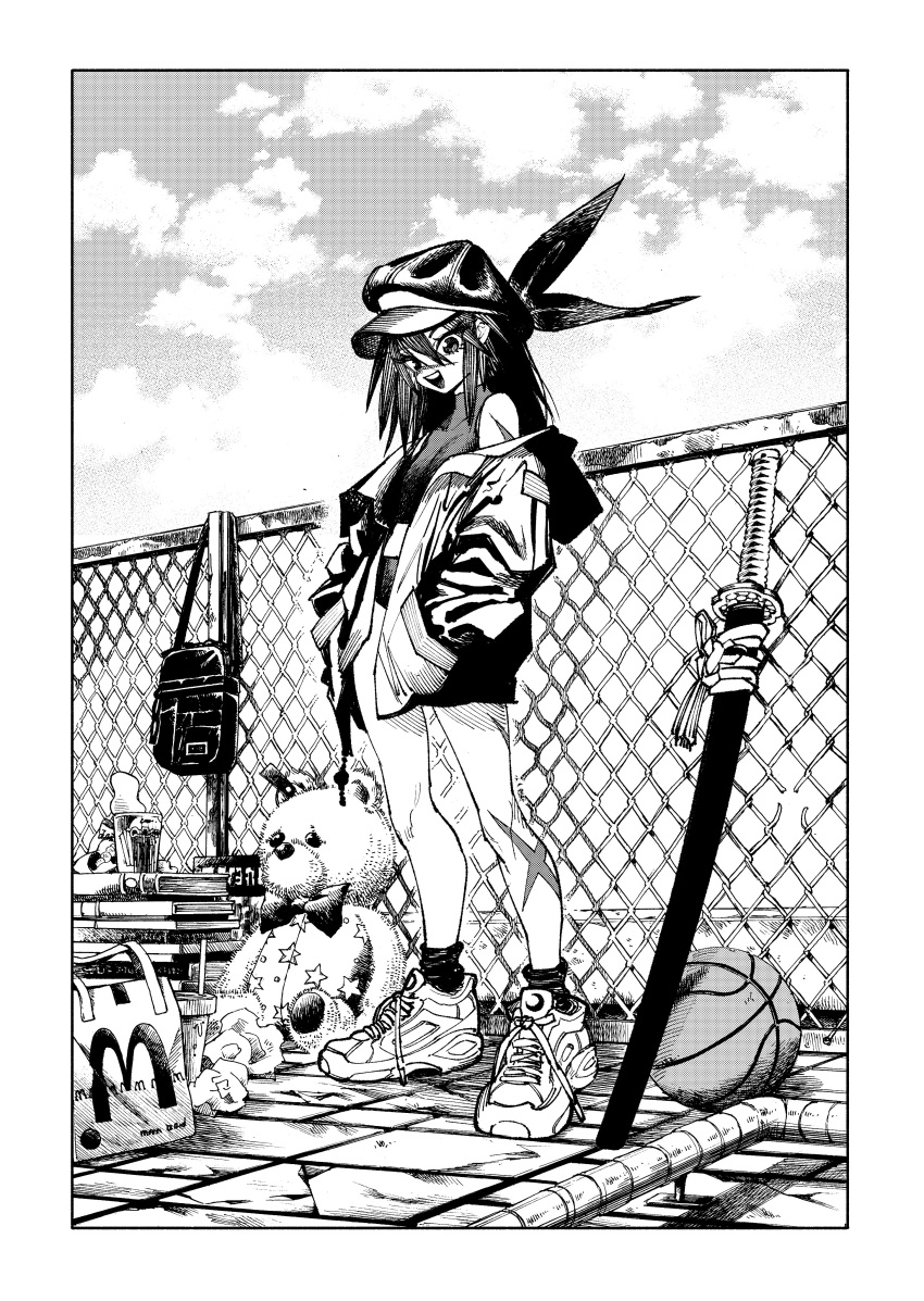 1girl, absurdres, alternate_costume, anachronism, bag, bag_of_chips, basketball, book