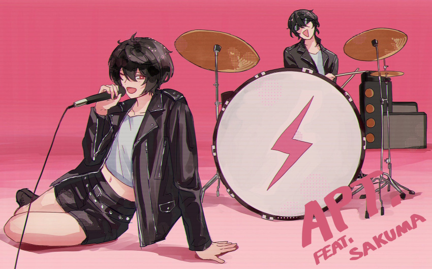 2boys, apt._(rose_&amp;_bruno_mars), black_hair, black_jacket, black_shoes, black_shorts, crop_top, drum