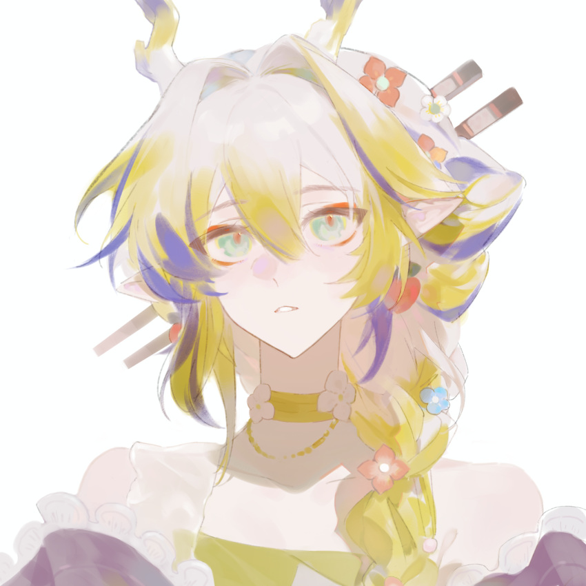 1girl, arknights, bare_shoulders, blonde_hair, choker, commentary, dragon_girl, dragon_horns