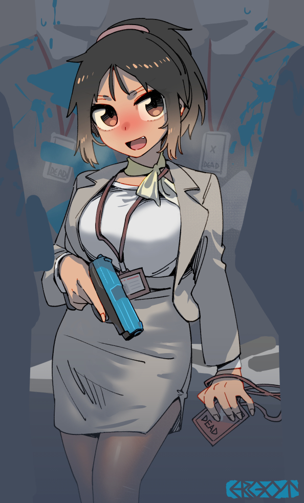 1girl, 2boys, breasts, brown_eyes, brown_hair, business_suit, commentary, ergot