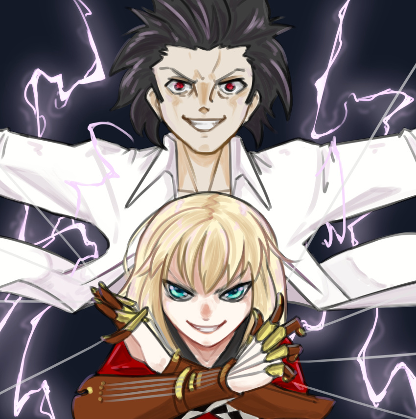 2boys, aqua_eyes, black_background, black_hair, black_hoodie, blonde_hair, collared_shirt, electricity