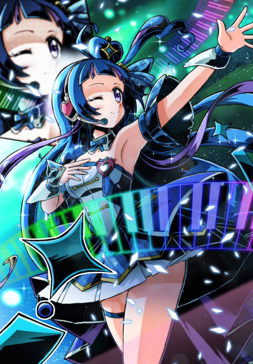 1girl, blue_bow, blue_hair, blue_wrist_cuffs, bow, breasts, brooch, cure_wink