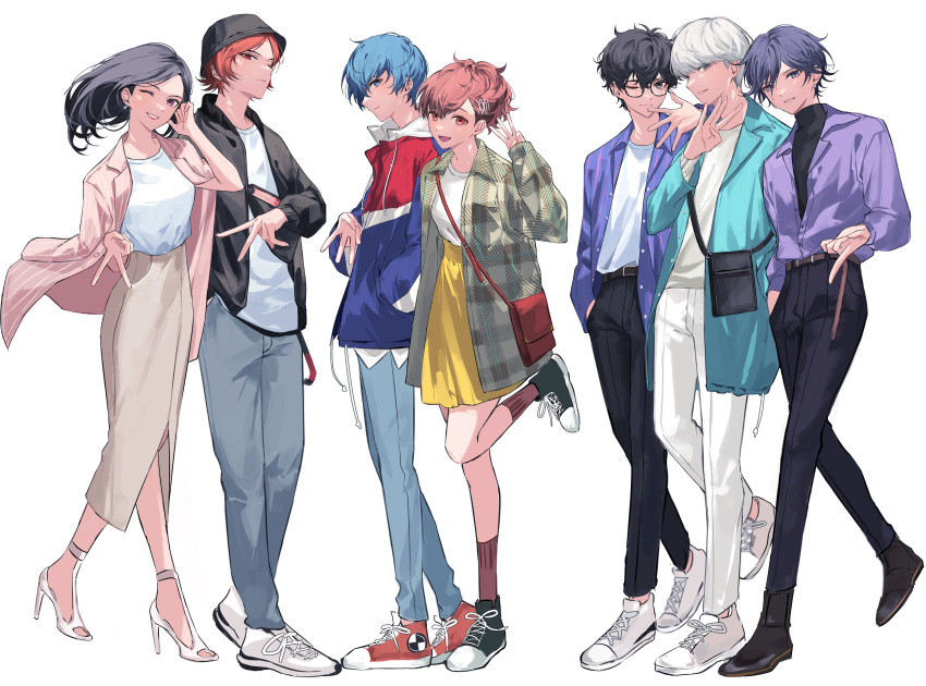 2girls, 5boys, absurdres, alternate_costume, amamiya_ren, amano_maya, bag, belt
