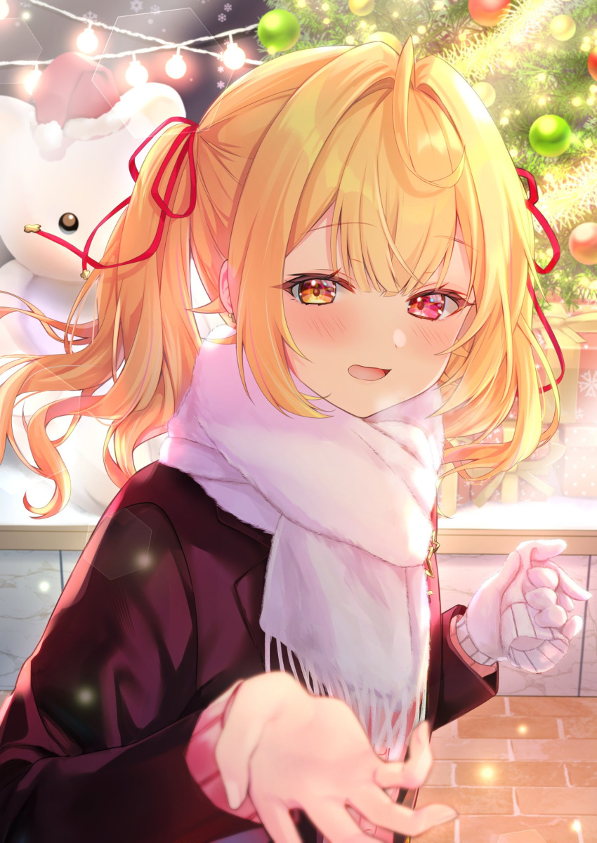 1girl, blonde_hair, blush, gloves, hair_ribbon, heterochromia, highres, holding