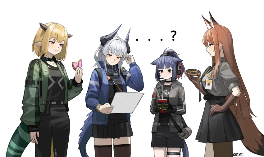 ...?, 4girls, absurdres, animal_ears, arknights, arm_at_side, arm_up, artist_name