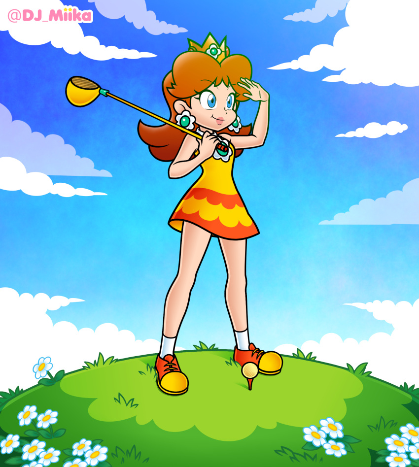 1girl, arm_up, artist_name, bare_shoulders, blue_eyes, blue_sky, breasts, brown_hair, closed_mouth, clouds, cloudy_sky, commentary, crown, day, dj-mika, dress, earrings, english_commentary, flipped_hair, flower, full_body, golf_club, grass, highres, holding, holding_golf_club, jewelry, long_hair, mario_golf, mario_golf:_world_tour, official_alternate_costume, official_style, orange_shoes, outdoors, princess_daisy, princess_daisy_(world_tour), shoes, short_dress, sky, sleeveless, sleeveless_dress, smile, socks, solo, standing, super_mario_bros., white_flower, white_socks, yellow_dress