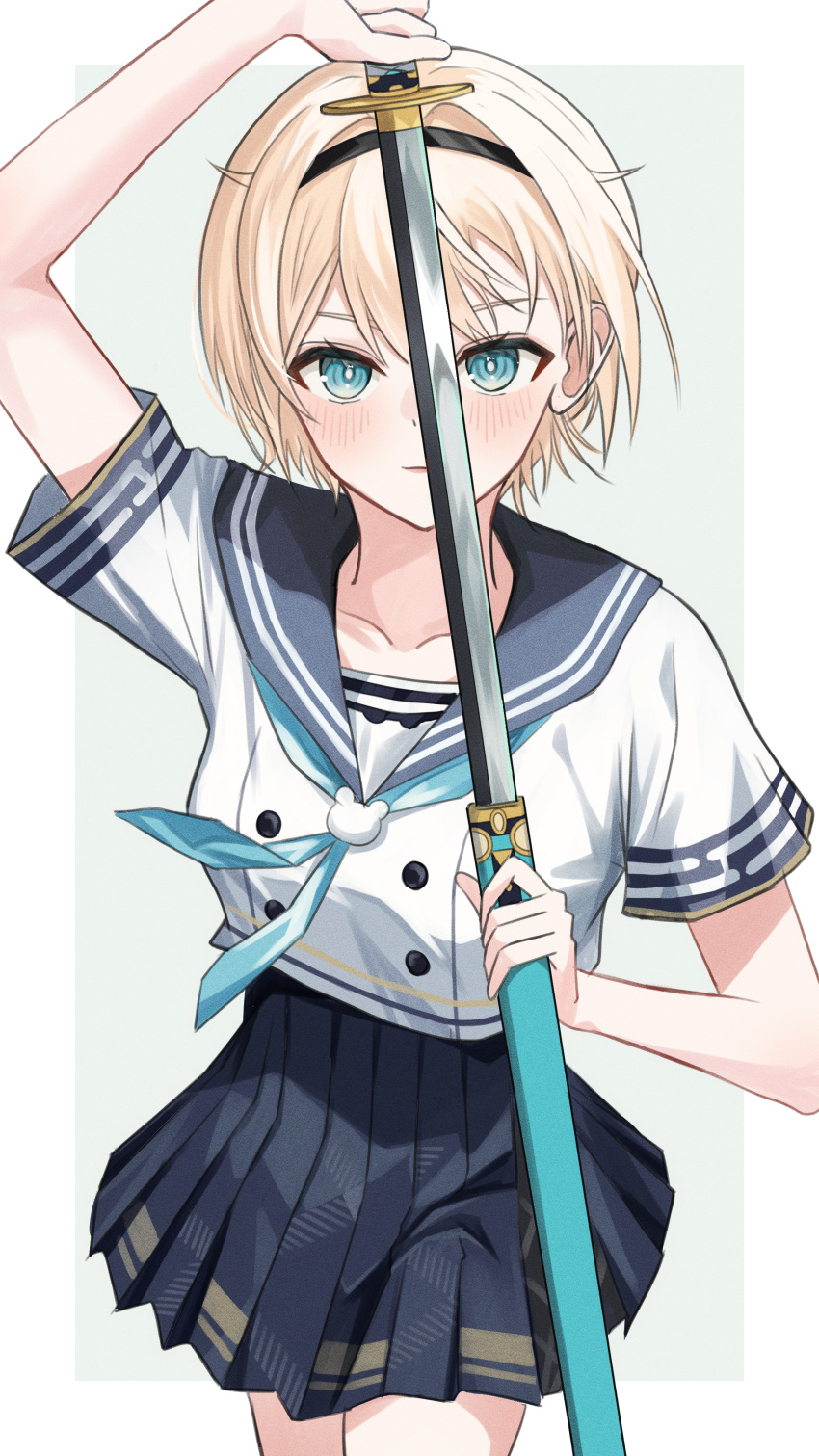 1girl, absurdres, blonde_hair, blue_eyes, blue_necktie, blue_sailor_collar, blue_skirt, blush