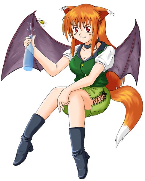 animal_ears, bat_wings, boots, bottle, fang, fox_ears, fox_tail, long_hair