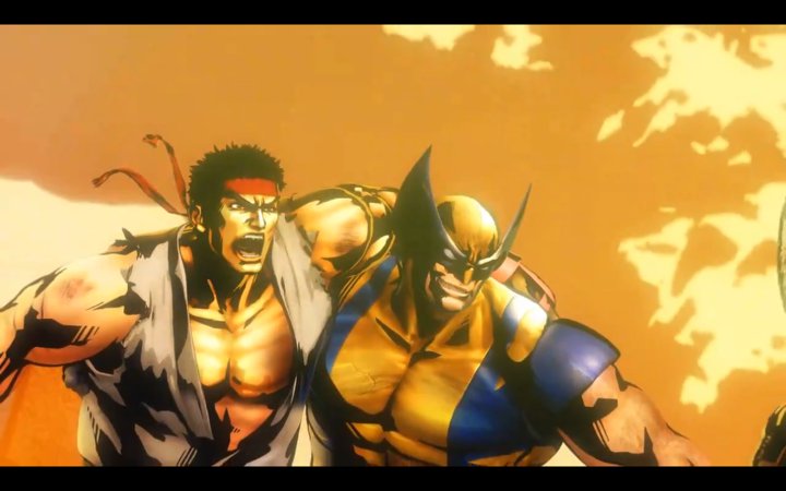 2boys, cap, capcom, creepy, evil_grin, intro, marvel, marvel_vs._capcom, marvel_vs_capcom, marvel_vs_capcom_3, multiple_boys, ryu_(street_fighter), ryuu_(street_fighter), screencap, street_fighter, wolverine