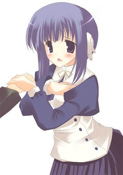 1girl, 2000s_(style), bad_id, blue_hair, blush, commentary_request, d:, furrowed_brow