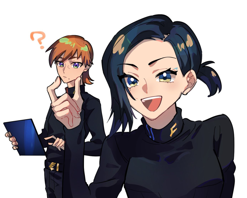 1boy, 1girl, 5656_88, ?, black_hair, blue_eyes, brown_hair, comoli_harcourt, green_eyes, gundam, gundam_gquuuuuux, holding, holding_tablet_pc, long_sleeves, looking_at_viewer, mole, mole_under_mouth, multicolored_eyes, open_mouth, ponytail, shirt, short_hair, simple_background, smile, tablet_pc, turtleneck, violet_eyes, white_background, xavier_olivette, yellow_eyes