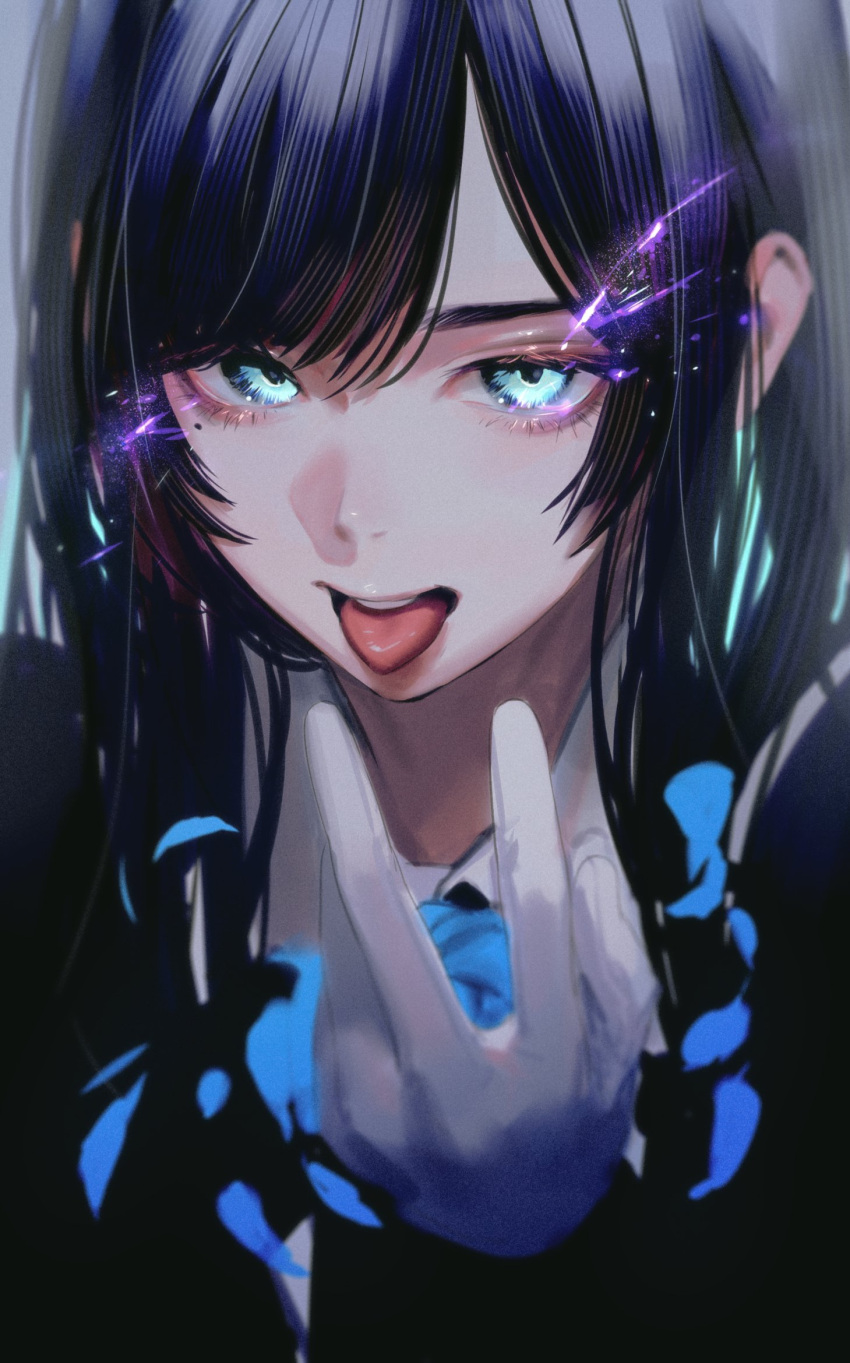 1girl, ado_(utaite), adochansukisuki, black_hair, blue_eyes, blue_flower, blue_rose, chando_(ado)