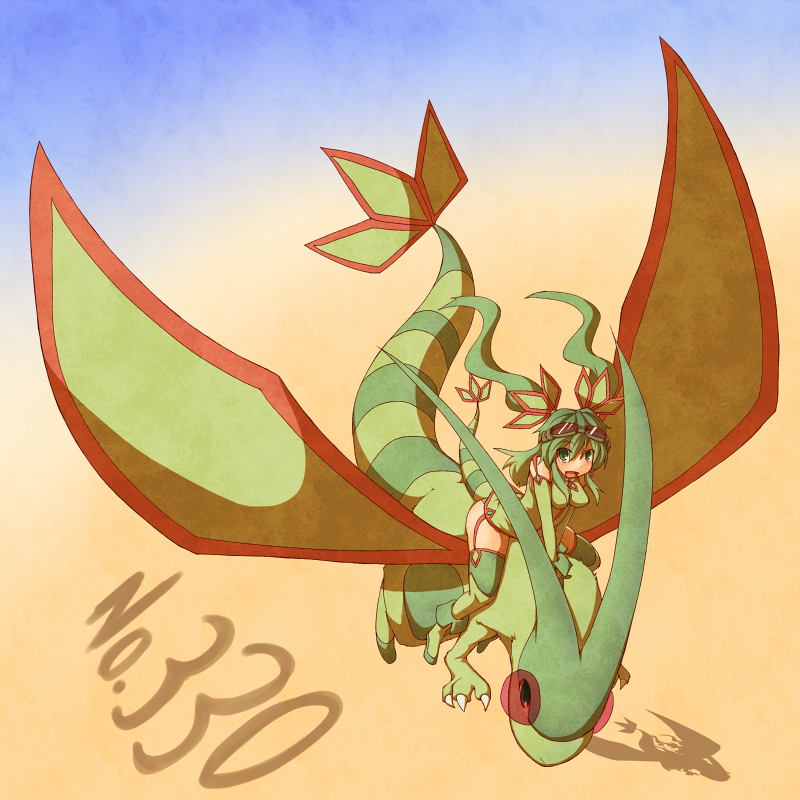 1girl, flygon, garter_straps, green_eyes, green_hair, kuromiya, long_hair, moemon