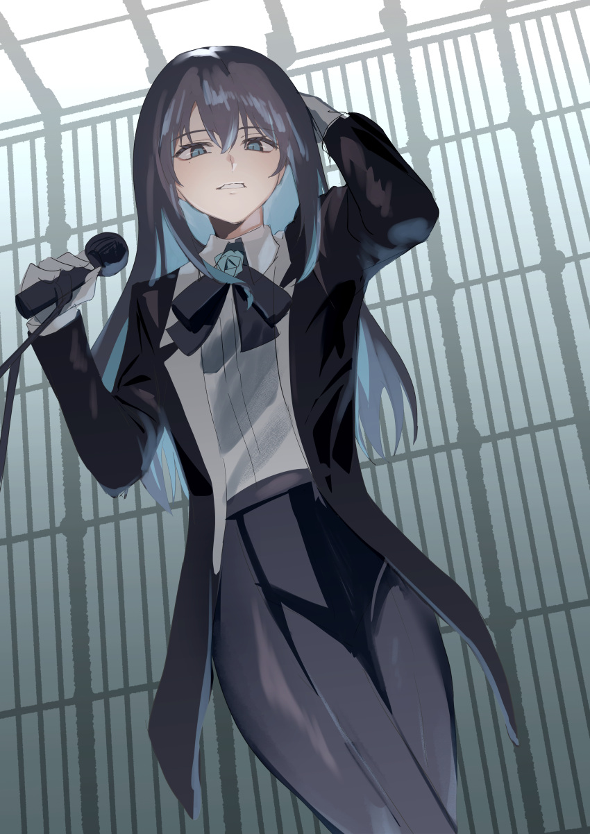 1girl, absurdres, ado_(utaite), ado_box, black_hair, black_pants, blue_eyes, blue_hair