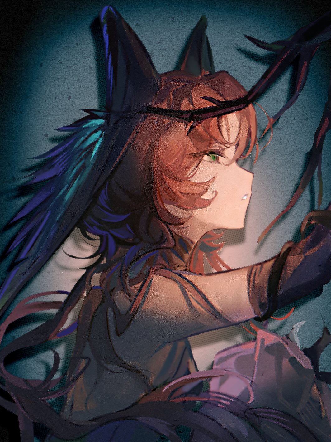 1girl, arm_up, bare_shoulders, black_wings, blue_background, dress, druvis_iii, elbow_gloves, feathered_wings, floating_hair, from_side, gloves, green_eyes, head_wings, highres, komeokun, official_alternate_costume, orange_hair, parted_lips, purple_dress, reverse:1999, solo, thorns, upper_body, wings