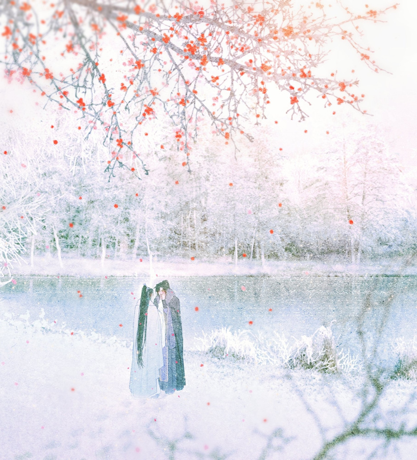2boys, bare_tree, bellta_(kimbellta), black_cloak, black_hair, blue_hanfu, blurry, branch, chinese_clothes, chu_wanning, cloak, closed_eyes, closed_mouth, depth_of_field, erha_he_tadebai_mao_shizun, falling_petals, flower, foliage, full_body, fur-trimmed_cloak, fur_trim, half_updo, hand_on_another's_face, hanfu, high_ponytail, highres, holding_hands, korean_commentary, lake, long_hair, long_sleeves, mo_ran, multiple_boys, outdoors, petals, ponytail, red_flower, smile, snow, snowing, standing, tree, white_cloak, wide_sleeves
