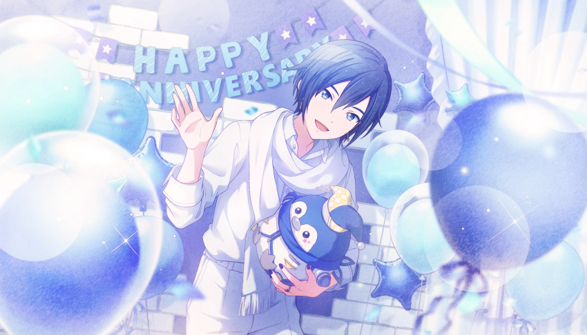 1boy, balloon, banner, belt, bent_over, blue_eyes, blue_hair, blue_hat
