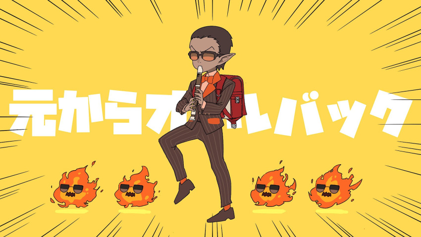 1boy, backpack, bag, bow, bowtie, brown_hair, brown_shoes, emphasis_lines