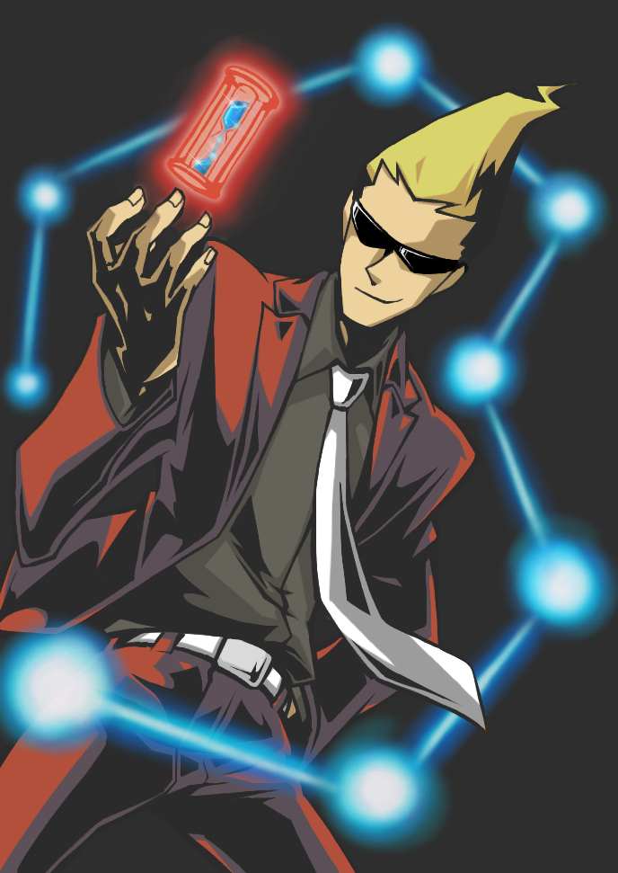 bad_id, belt, blonde_hair, capcom, formal, ghost_trick, hand_in_pocket, hourglass, loveguiltytour, male, necktie, pointy_hair, simple_background, sissel, smile, solo, spoilers, suit, sunglasses, yomiel_(ghost_trick)