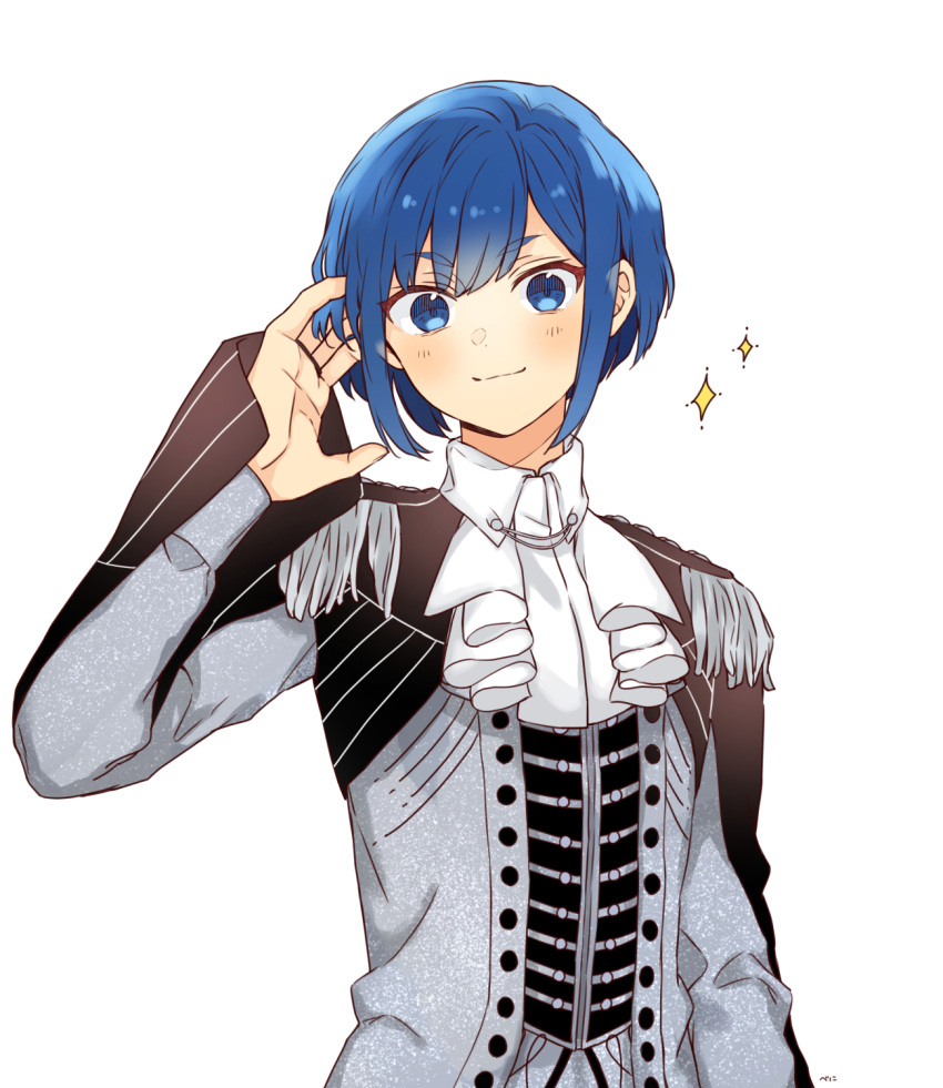1boy, blue_eyes, blue_hair, blush, bnilst, hand_up, highres, idol_clothes