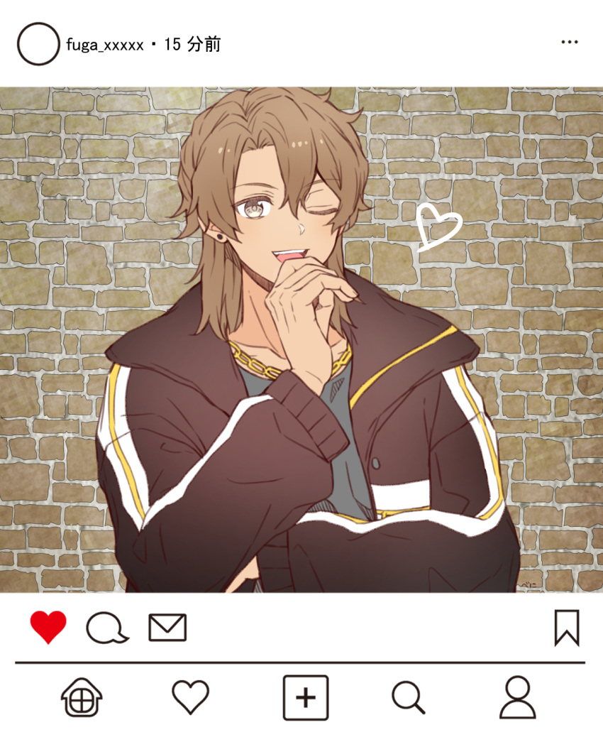 1boy, black_jacket, bnilst, brick_wall, brown_eyes, brown_hair, chain, chain_necklace